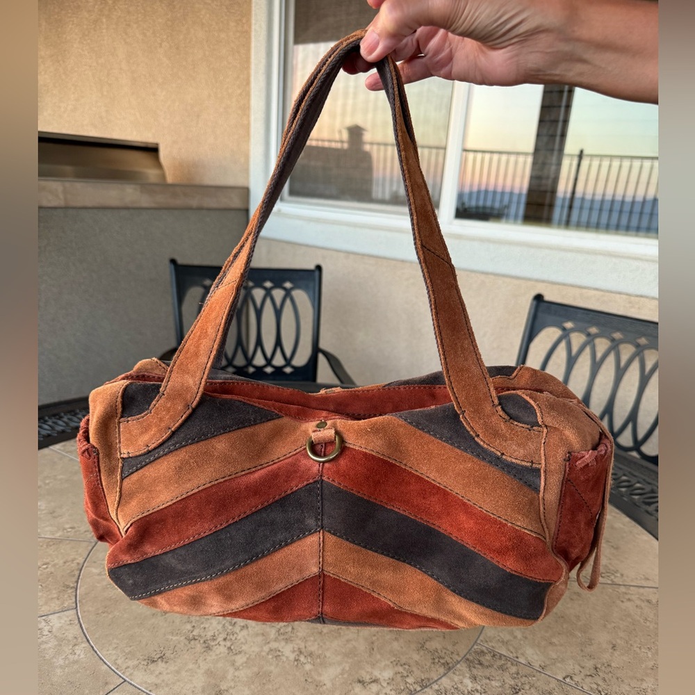 Lucky Brand Chevron Brown Multi Suede Shoulder Bag Purse